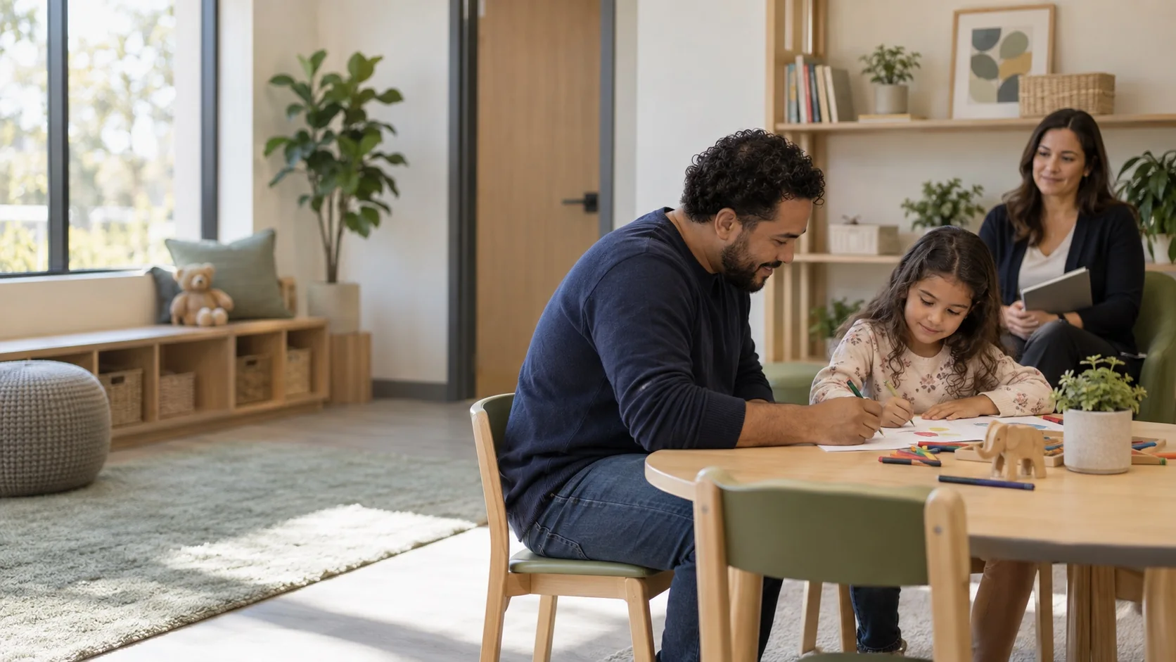 A parent and child drawing together while a visitation professional remains present nearby
